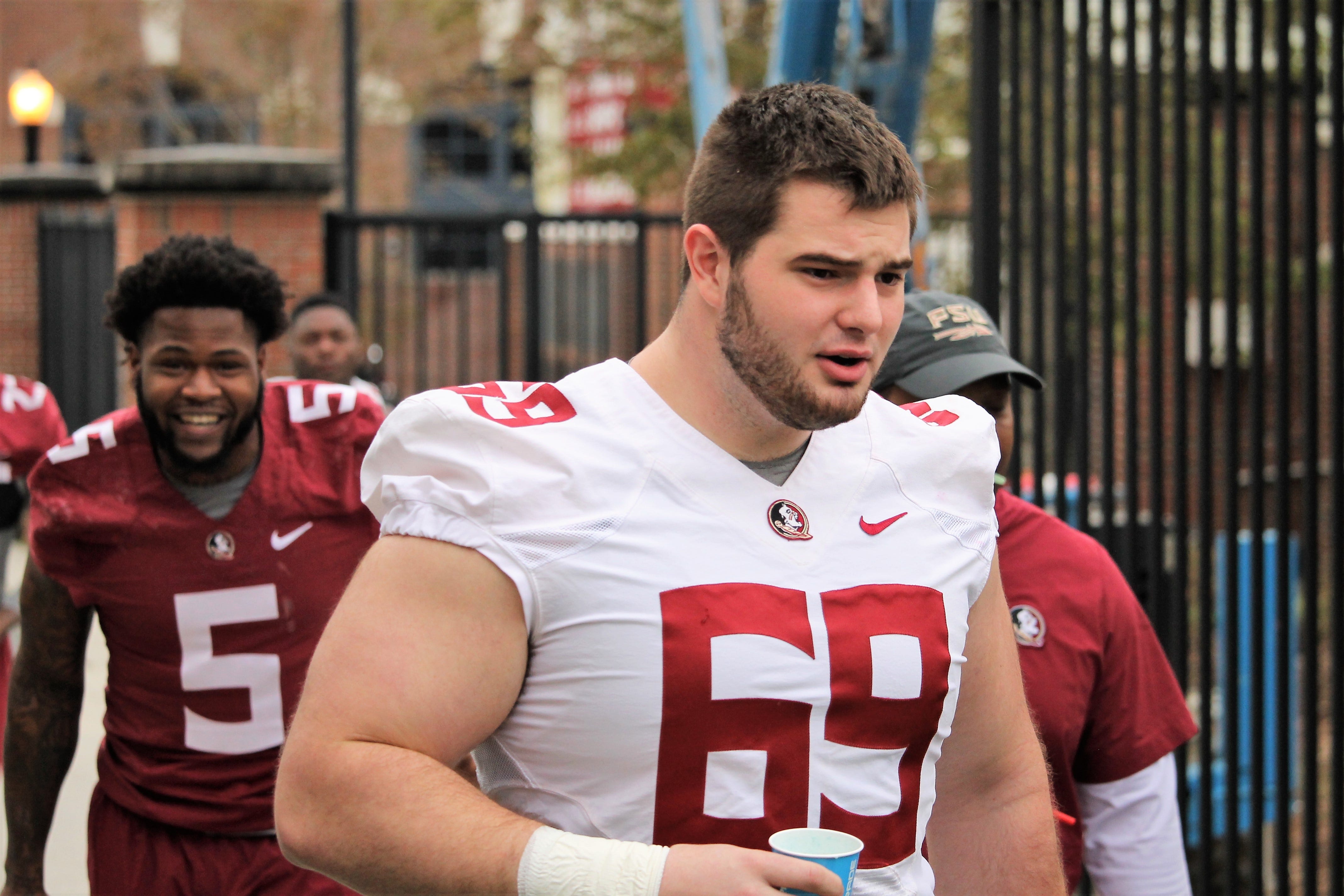 Offensive lineman Landon Dickerson at FSU's first spring practice of 2019.