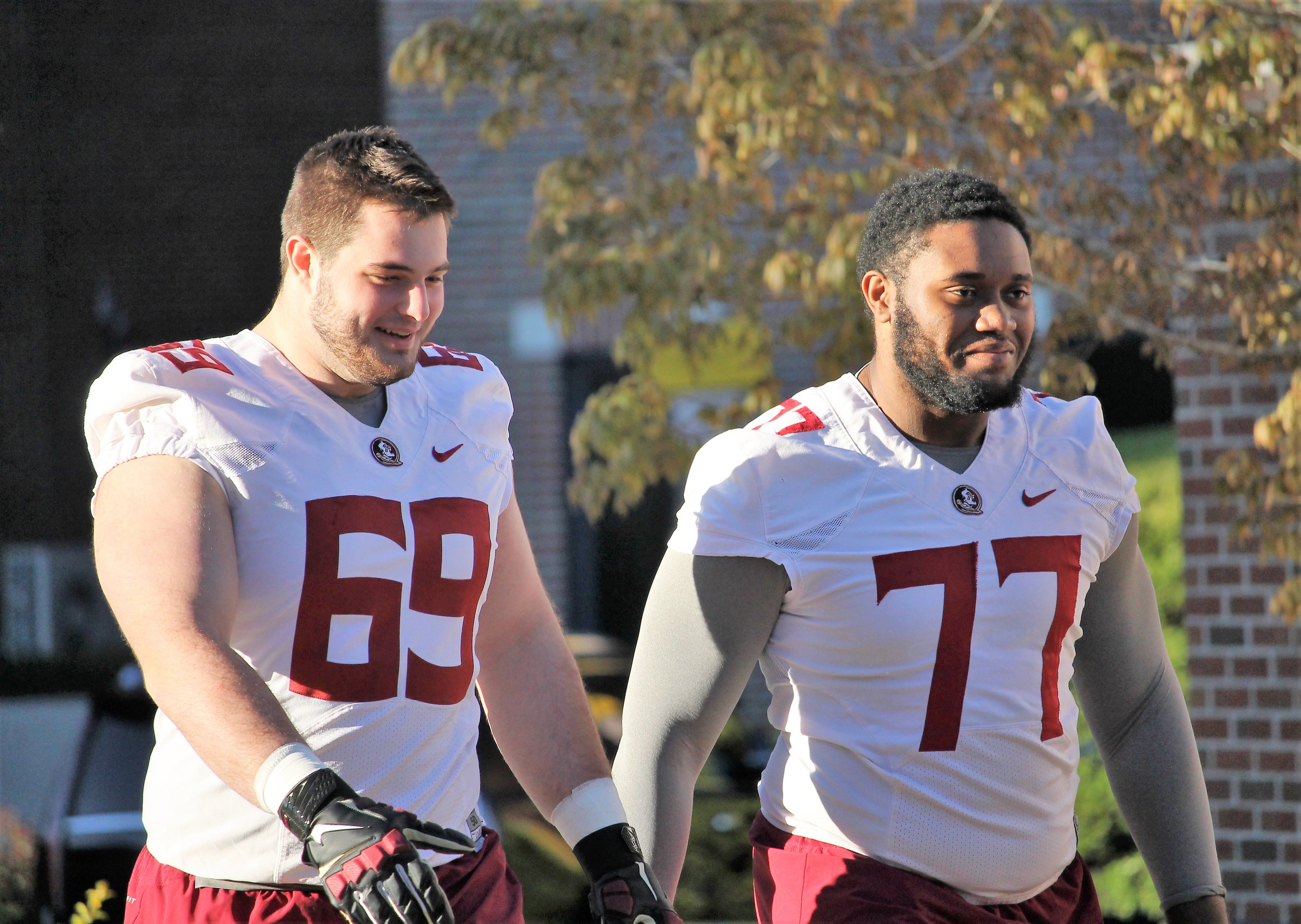 Offensive linemen Landon Dickerson and Christian Armstrong at FSU football practice on March 6, 2019.
