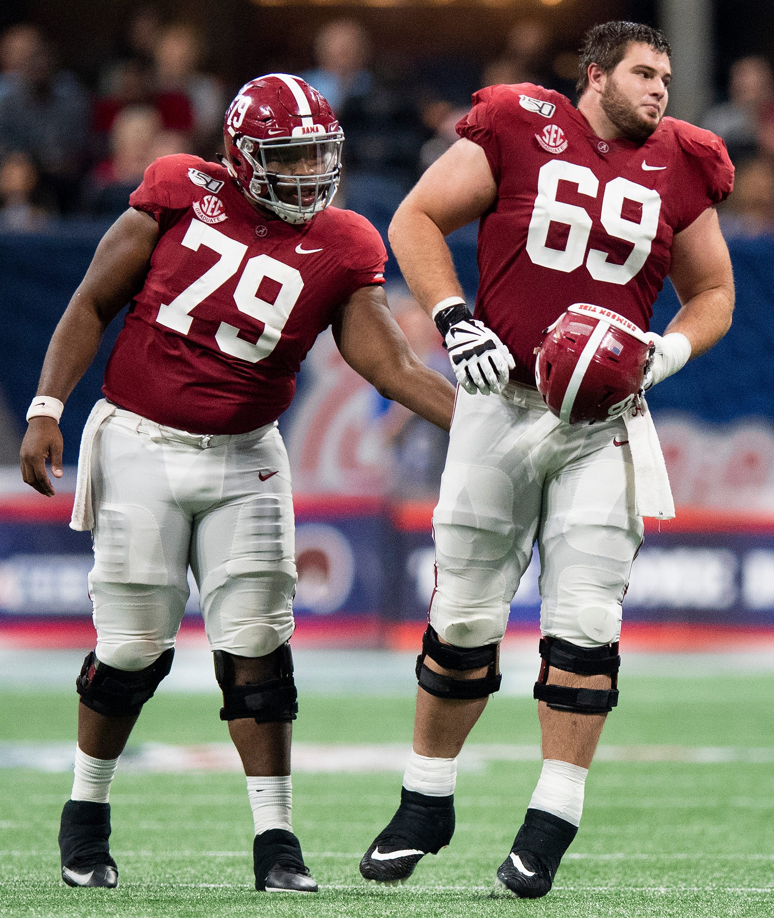 Alabama offensive linemen Chris Owens (79) and Landon Dickerson (69) against Duke in the Chick-fil-A Kickoff Game at Mercedes Benz Stadium in Atlanta, Ga., on Saturday August 31, 2019.