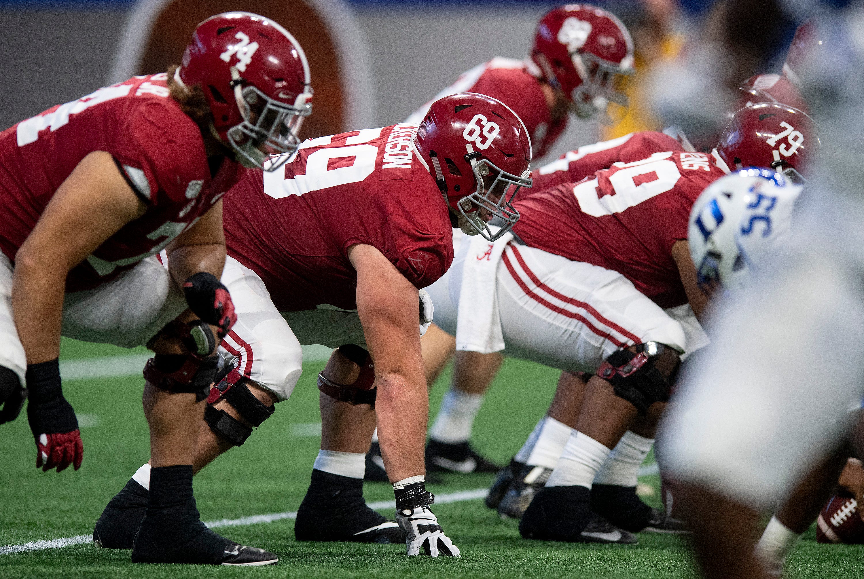 Alabama offensive lineman Landon Dickerson (69) against Duke in the Chick-fil-A Kickoff Game at Mercedes Benz Stadium in Atlanta, Ga., on Saturday August 31, 2019.