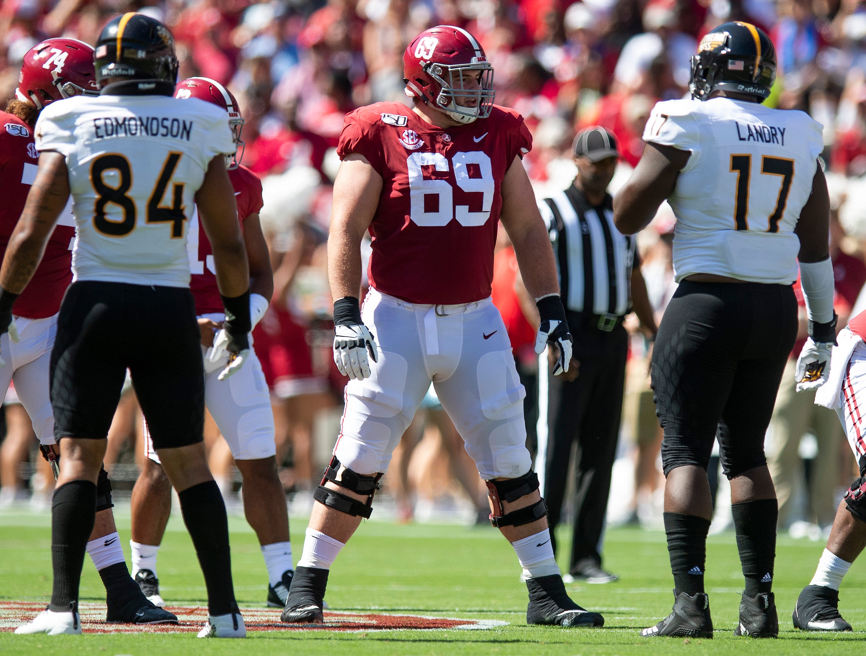 Alabama offensive lineman Landon Dickerson (69) against Southern Miss at Bryant-Denny Stadium in Tuscaloosa, Ala., on Saturday September 21, 2019.