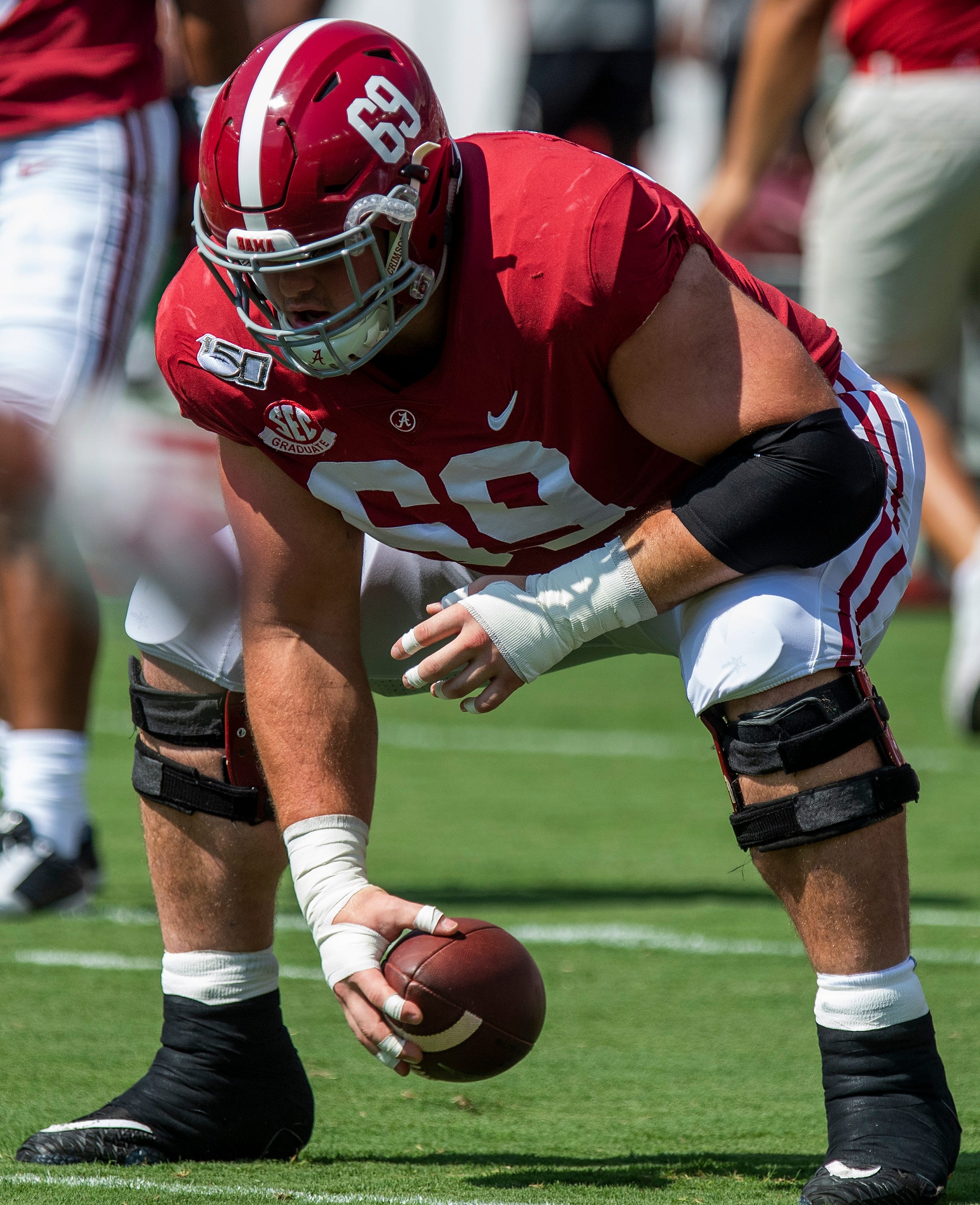 Alabama offensive lineman Landon Dickerson (69) during warm ups before the Ole Miss game at Bryant-Denny Stadium in Tuscaloosa, Ala., on Saturday September 28, 2019.