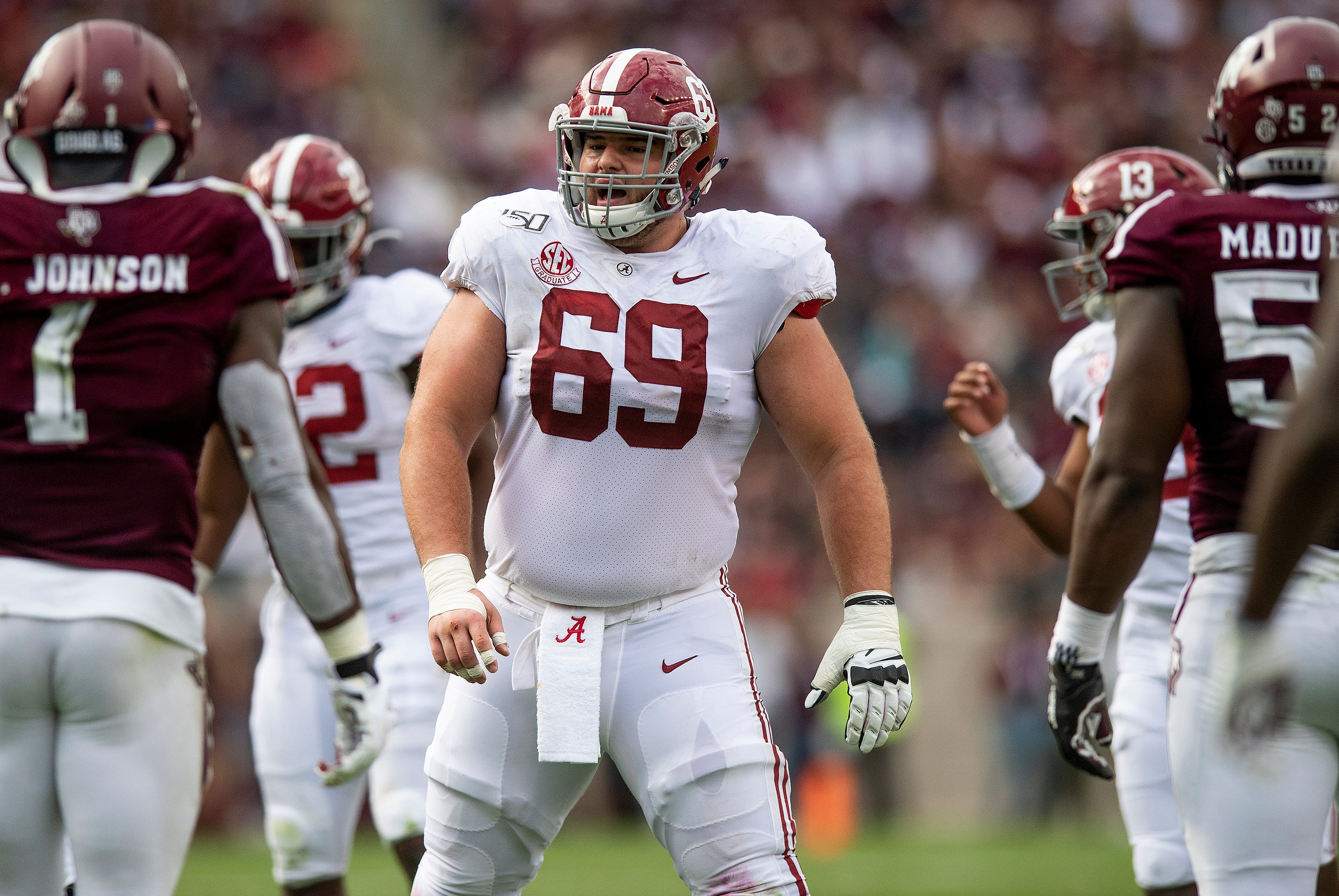 Alabama offensive lineman Landon Dickerson (69) against Texas A&M at Kyle Field in College Station, Texas on Saturday October 12, 2019.