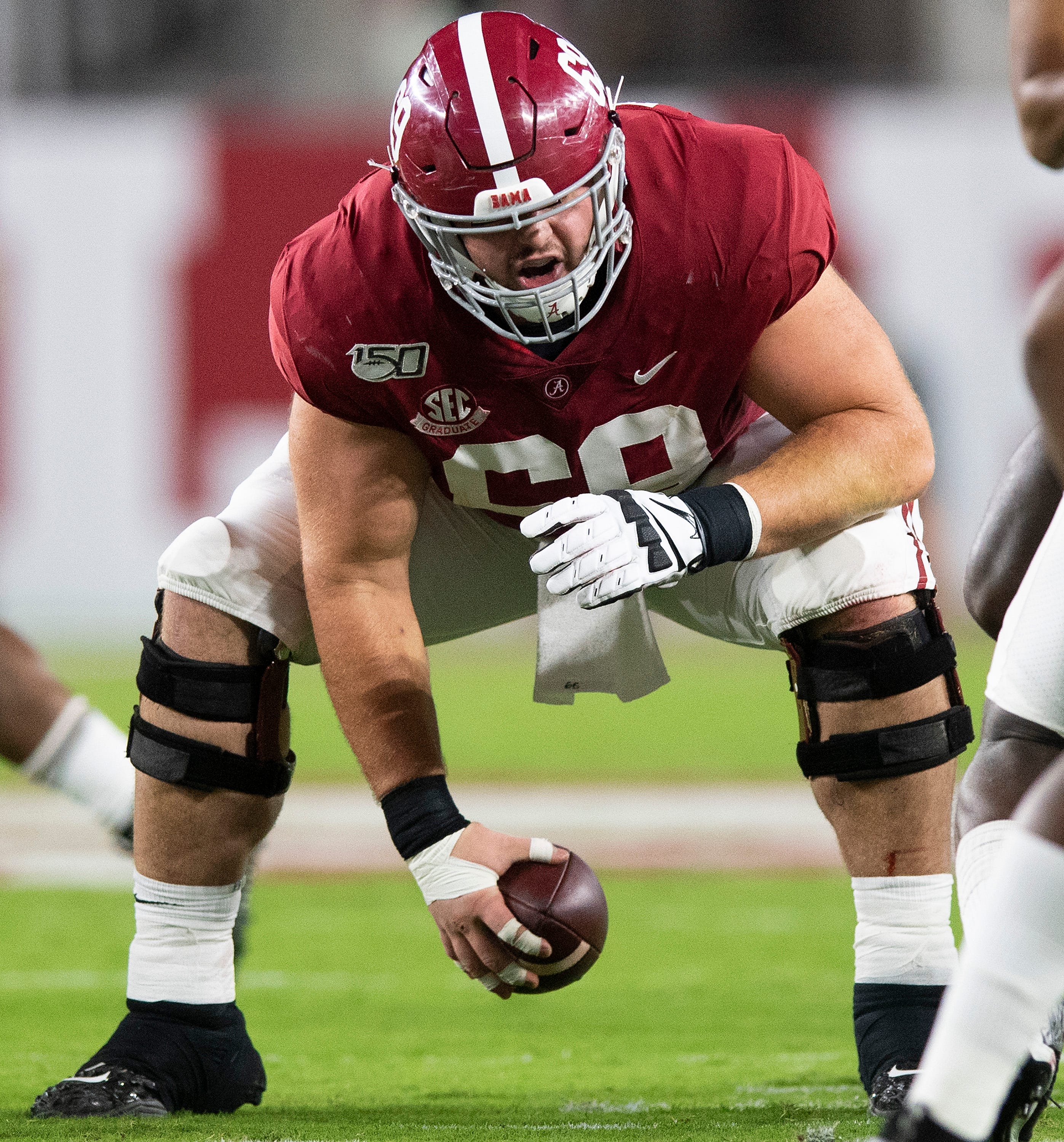 Alabama offensive center Landon Dickerson (69) snaps the ball against Tennessee at Bryant-Denny Stadium in Tuscaloosa, Ala., on Saturday October 19, 2019.