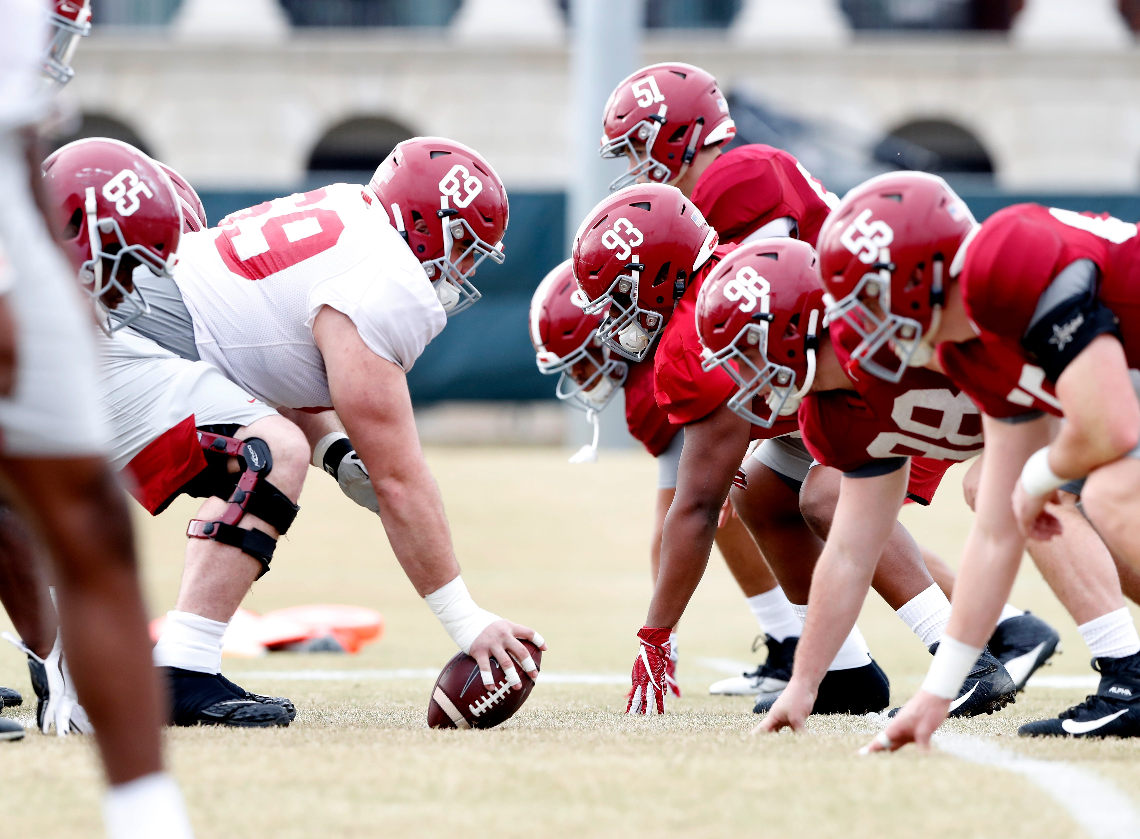 Alabama junior center Landon Dickerson (69) readies to snap the ball against the defense during a recent bowl practice Monday, Dec. 16, 2019 from the Thomas-Drew Practice Fields in Tuscaloosa. (Photo by Robert Sutton/Alabama athletics)