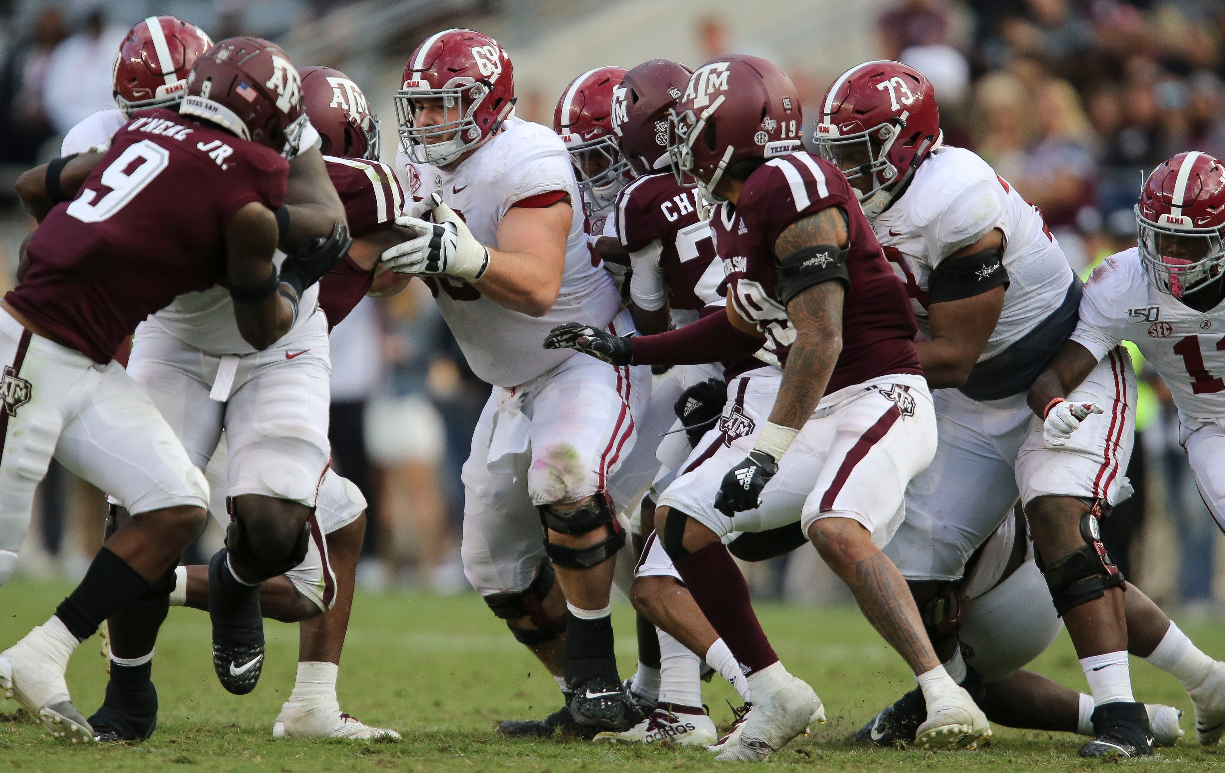 Alabama offensive lineman Landon Dickerson (69) blocks against Texas A&M during the second half of Alabama's 47-28 victory at Kyle Field Saturday, Oct. 12, 2019 in College Station, Texas. [Staff Photo/Gary Cosby Jr.]