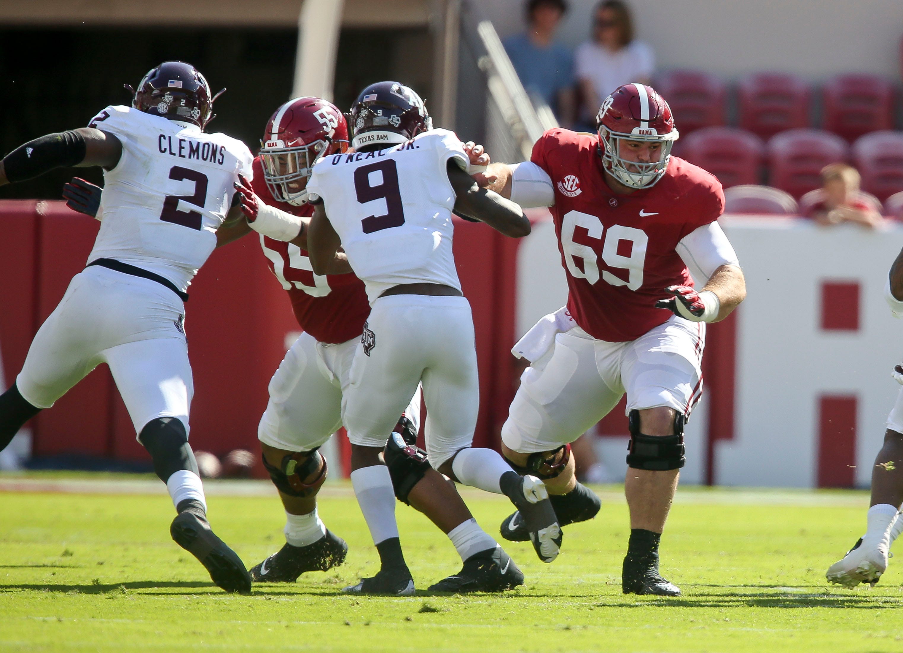 Alabama offensive lineman Landon Dickerson (69) and Alabama offensive lineman Emil Ekiyor Jr. (55) pass block during Alabama's game with Texas A&M Saturday, Oct. 3, 2020, in Bryant-Denny Stadium. [Staff Photo/Gary Cosby Jr.]