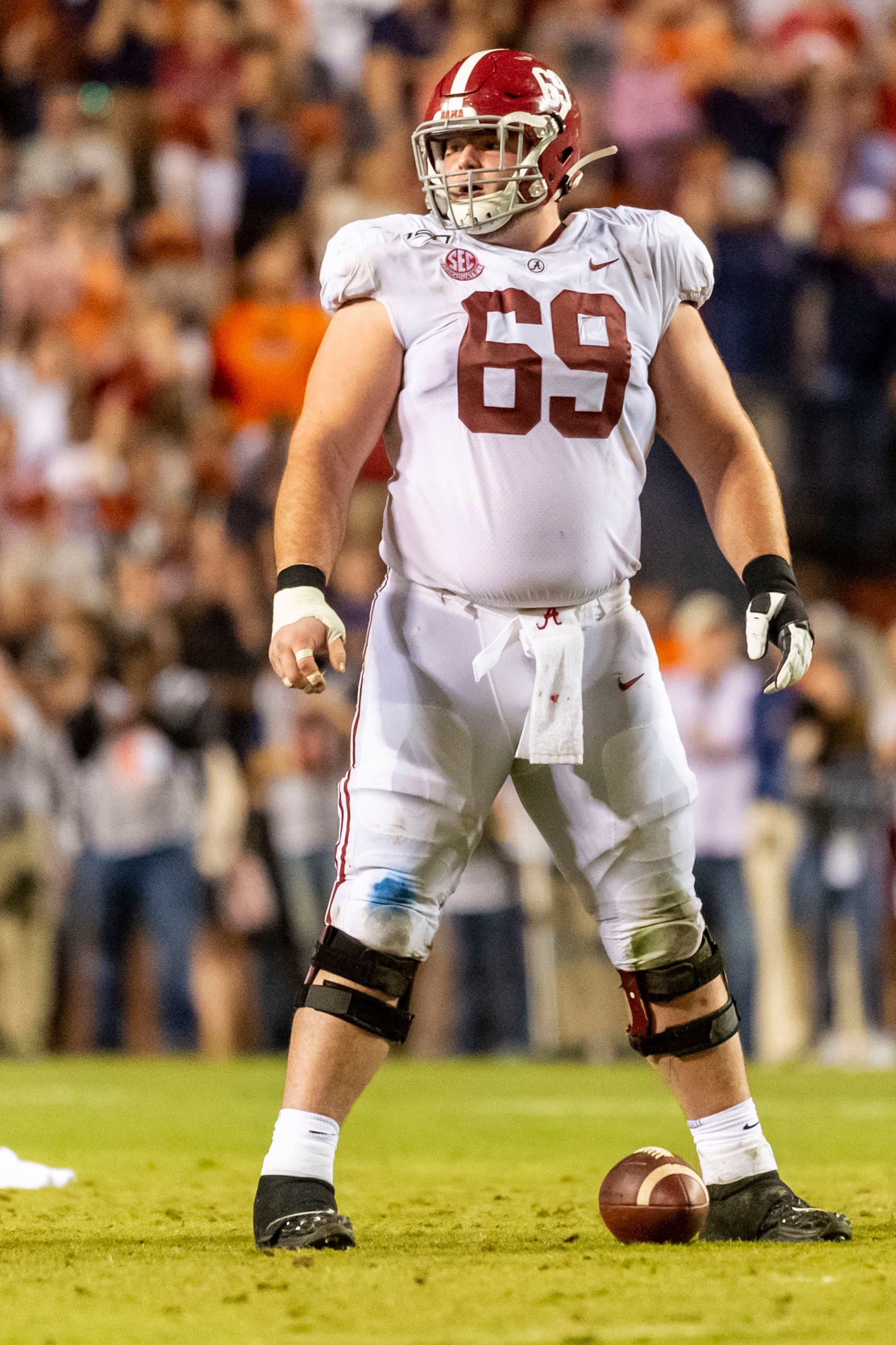 Alabama offensive lineman Landon Dickerson (69) step up to the line against Auburn during the second half of an NCAA college football game, Saturday, Nov. 30, 2019, in Auburn, Ala. (AP Photo/Vasha Hunt)